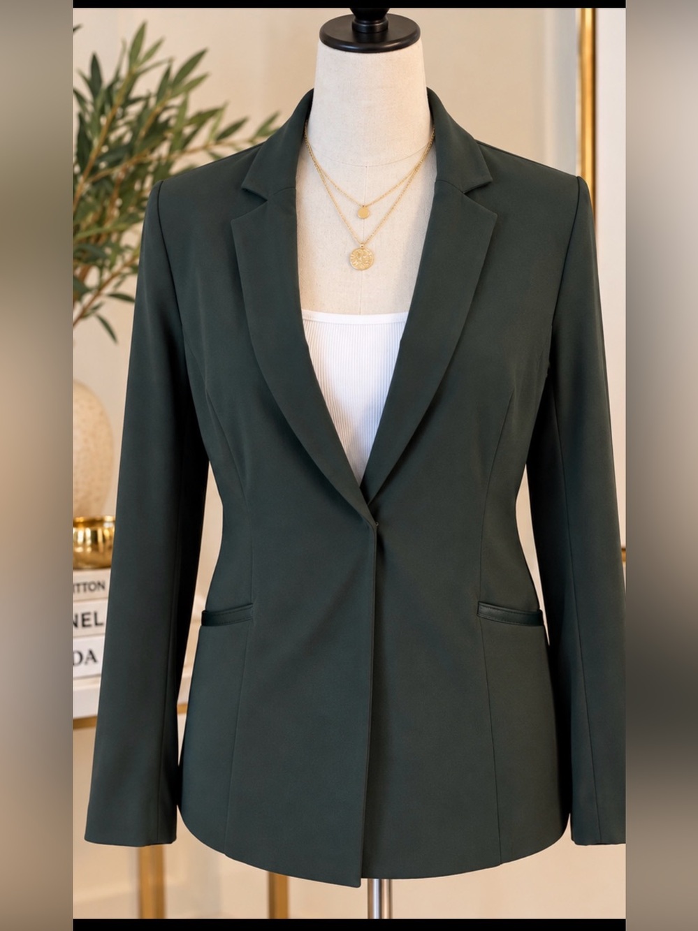 Elaine Kim Tech Stretch Blazer with Leather Trim Olive Green Size M